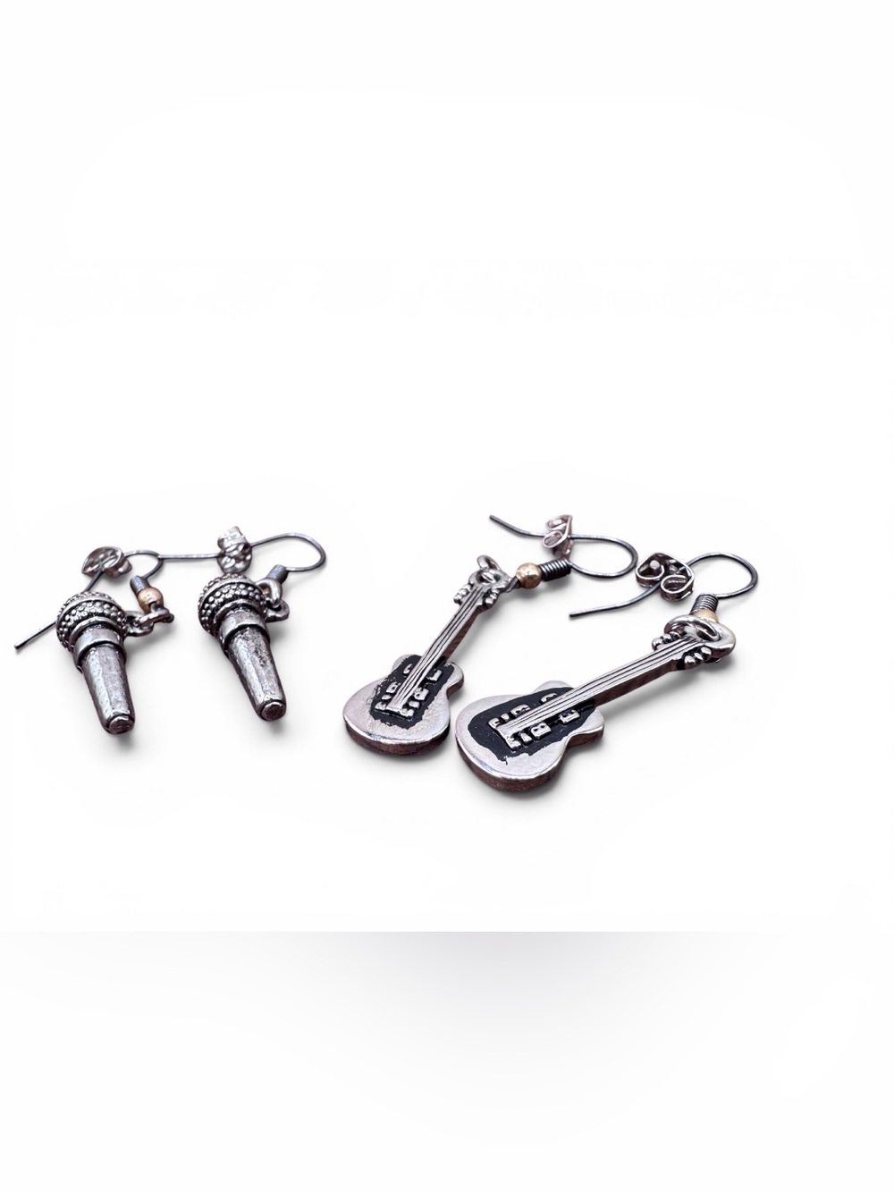 Nickel Free Set Sterling-Style Silver Microphone and Guitar Drop Earrings - Picture 2 of 6